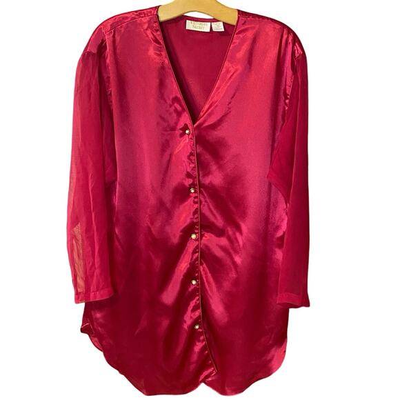 Vintage gold label Victoria’s Secret Red Satin Sheer Sleeve Button Blouse M/L - Picture 2 of 7